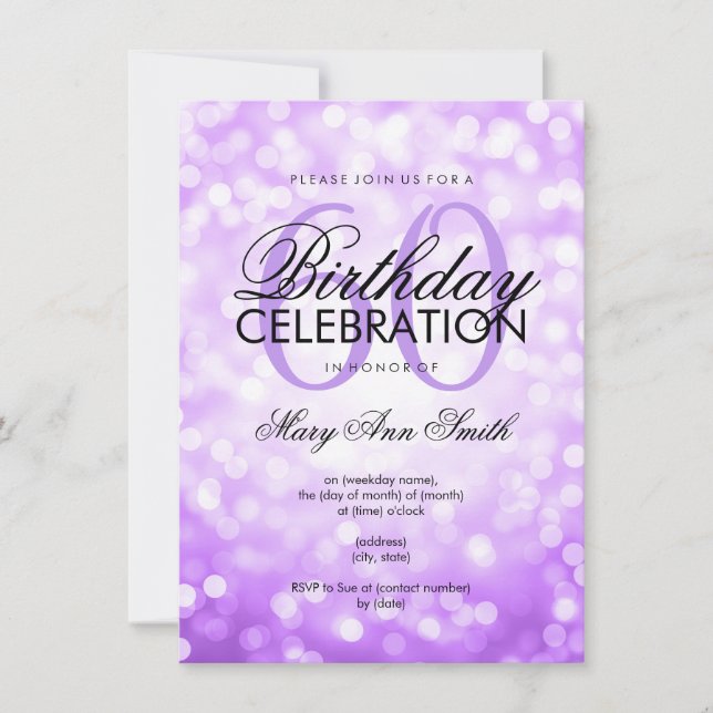 Elegant 60th Birthday Party Purple Glitter Lights Invitation (Front)