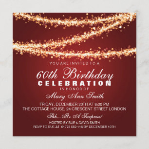 Elegant 60th Birthday Party Red String Lights Invitation