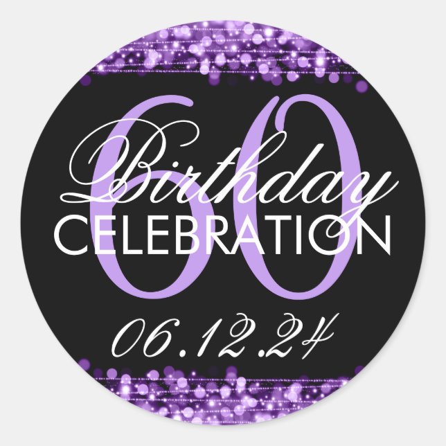 Elegant 60th Birthday Party Sparkles Purple Classic Round Sticker (Front)