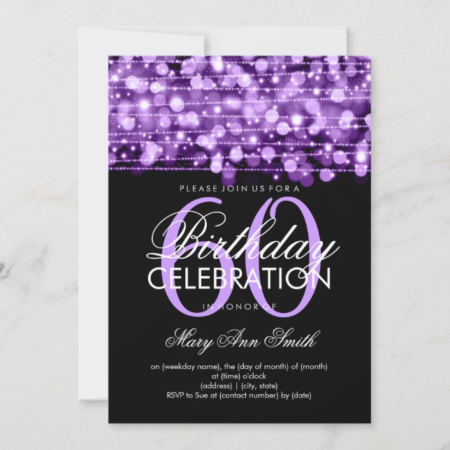 Elegant 60th Birthday Party Sparkles Purple Invitation (Front)