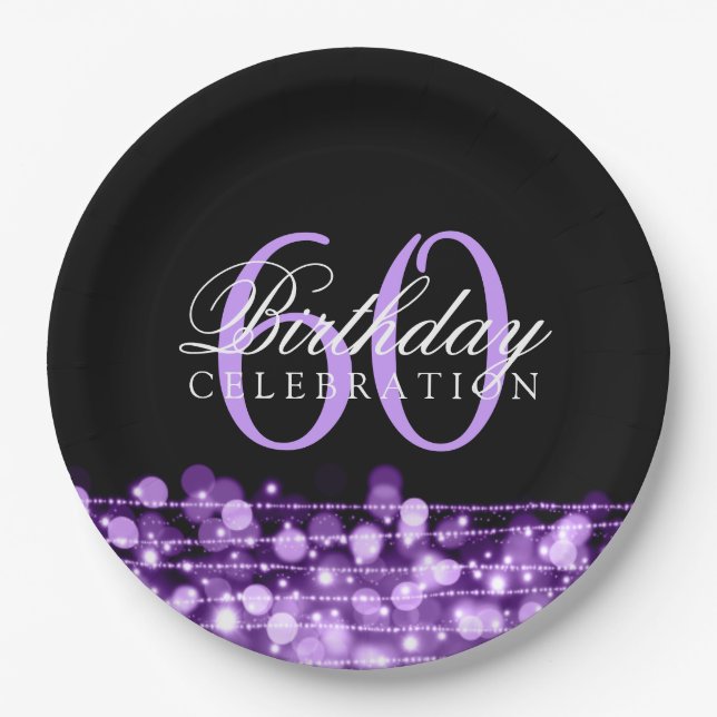 Elegant 60th Birthday Party Sparkles Purple Paper Plate (Front)