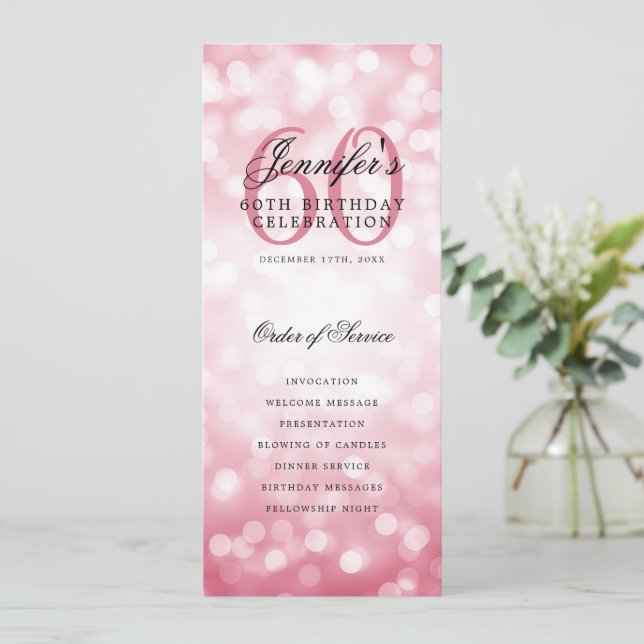 Elegant 60th Birthday Program Blush Pink Bokeh (Standing Front)