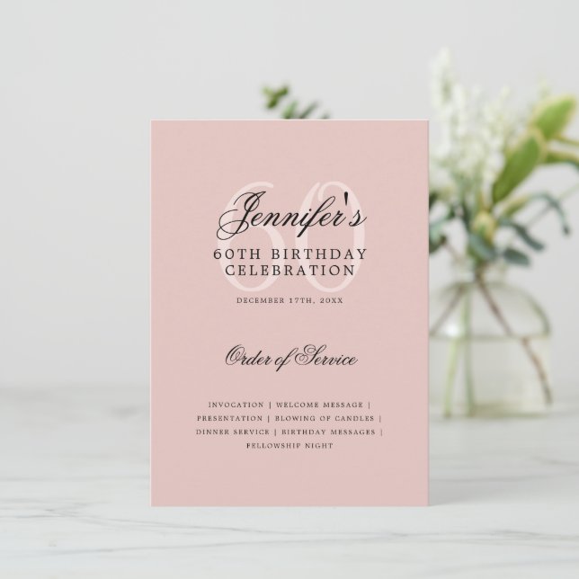 Elegant 60th Birthday Program Blush Pink Menu  (Standing Front)