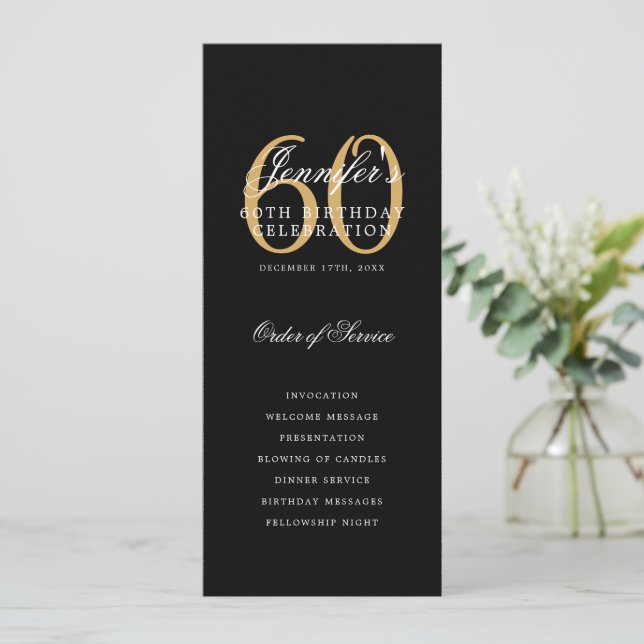 Elegant 60th Birthday Program Gold Black Thank You (Standing Front)
