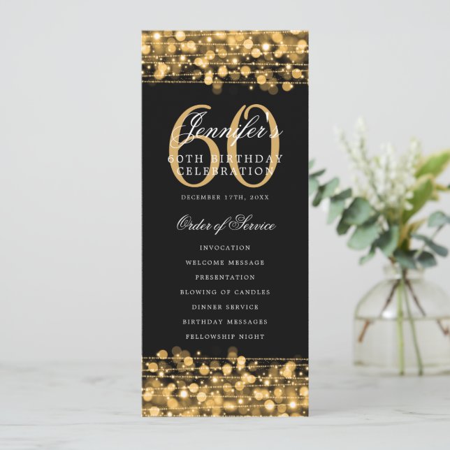 Elegant 60th Birthday Program Gold Menu+Thank You (Standing Front)