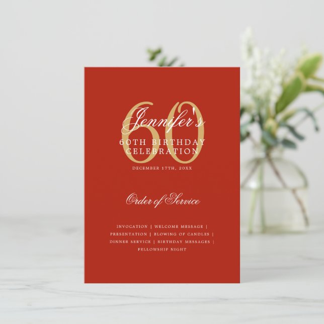 Elegant 60th Birthday Program Gold Red Menu (Standing Front)
