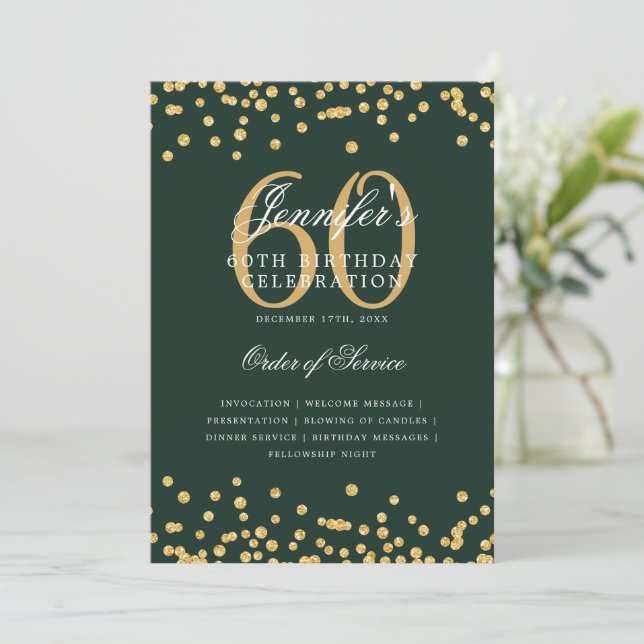 Elegant 60th Birthday Program Menu Gold Green (Standing Front)