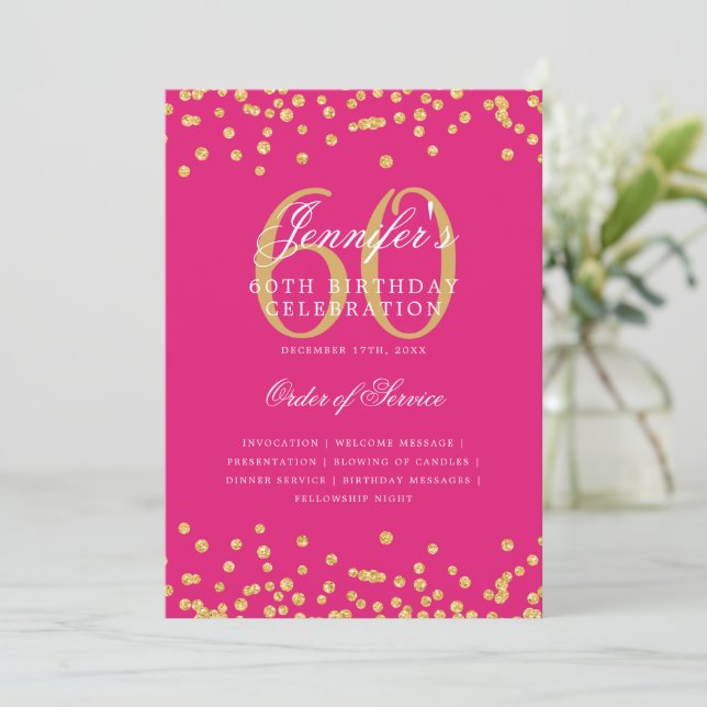 Elegant 60th Birthday Program Menu Gold Hot Pink  (Standing Front)