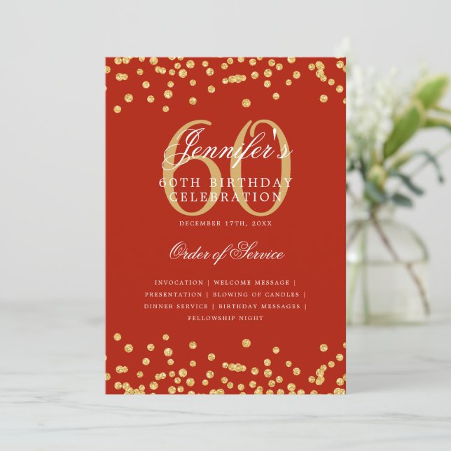 Elegant 60th Birthday Program Menu Gold Red  (Standing Front)