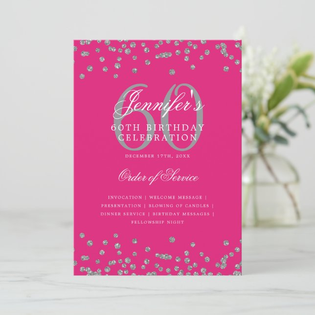 Elegant 60th Birthday Program Menu Silver Hot Pink (Standing Front)