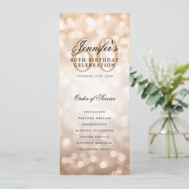 Elegant 60th Birthday Program Rose Gold Bokeh (Standing Front)