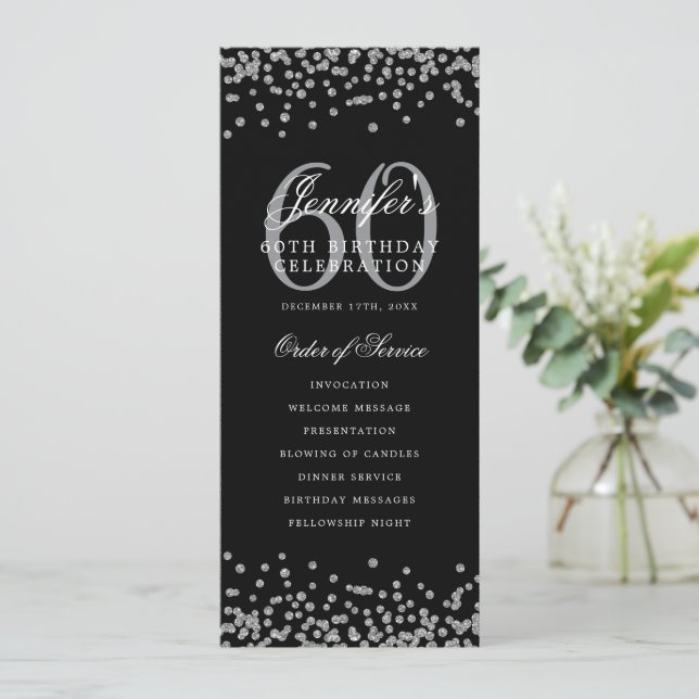 Elegant 60th Birthday Program Silver Black  (Standing Front)