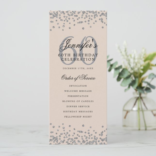Elegant 60th Birthday Program Silver Champagne  (Standing Front)