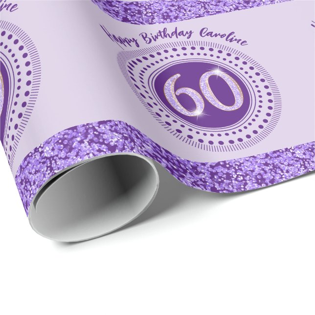 Elegant 60th Birthday Purple Glitter with Stripes Wrapping Paper (Roll Corner)