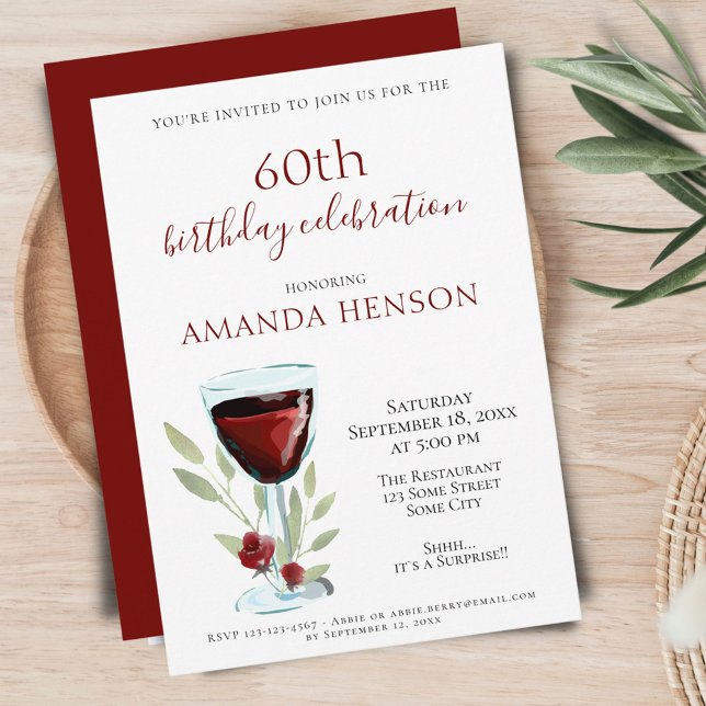 Elegant 60th Birthday Red Wine Surprise Party Invitation (Creator Uploaded)