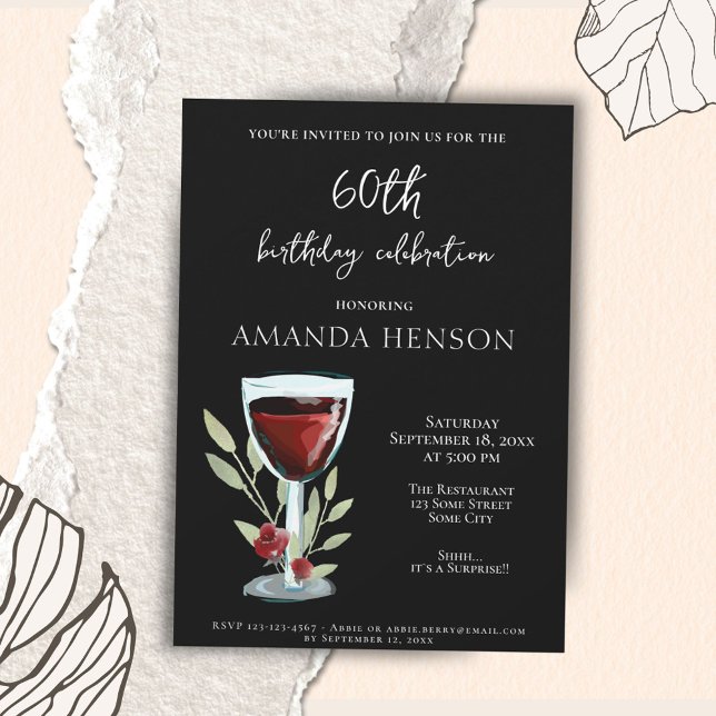 Elegant 60th Birthday Red Wine Surprise Party Invitation (Creator Uploaded)