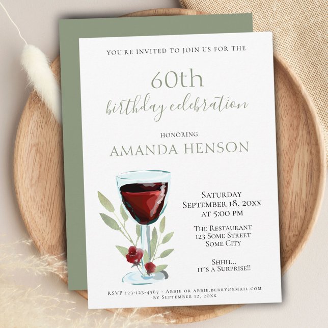 Elegant 60th Birthday Red Wine Surprise Party Invitation (Creator Uploaded)