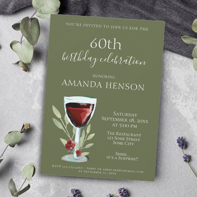 Elegant 60th Birthday Red Wine Surprise Party Invitation (Creator Uploaded)