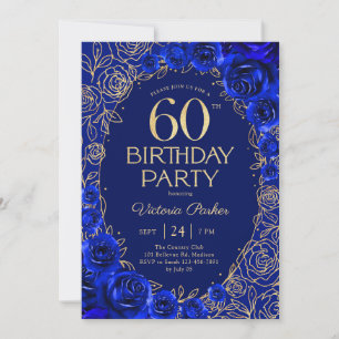 Elegant 60th Birthday Royal Blue Gold Floral Invitation