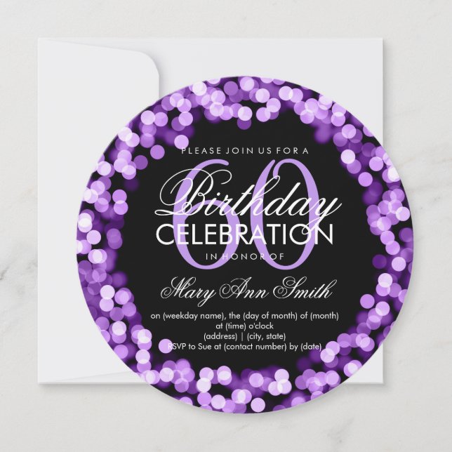 Elegant 60th Birthday Sparkling Lights Purple Invitation (Front)