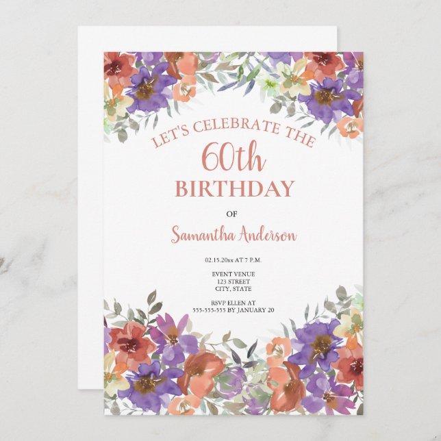 Elegant 60th Birthday Watercolor Floral Invitation (Front/Back)