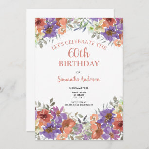 Elegant 60th Birthday Watercolor Floral Invitation