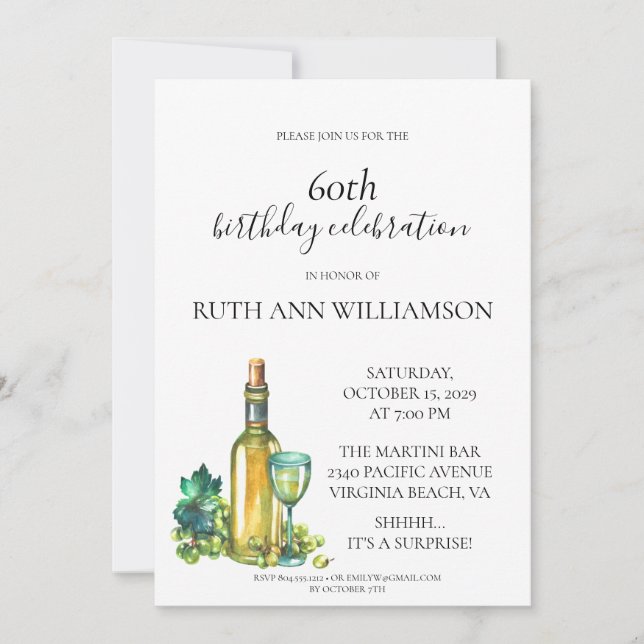 Elegant 60th Birthday White Wine Surprise Party  Invitation (Front)