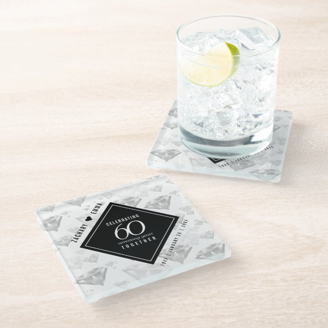 Elegant 60th Diamond Wedding Anniversary Glass Coaster (Angled)