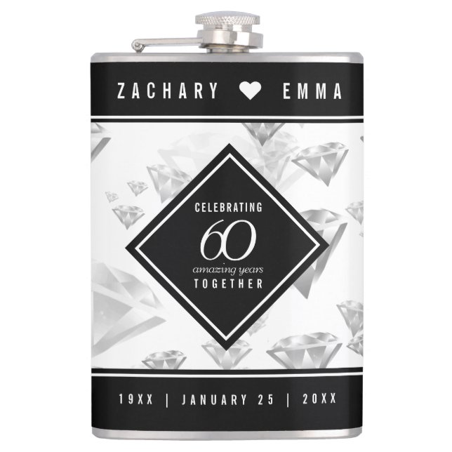 Elegant 60th Diamond Wedding Anniversary Hip Flask (Front)