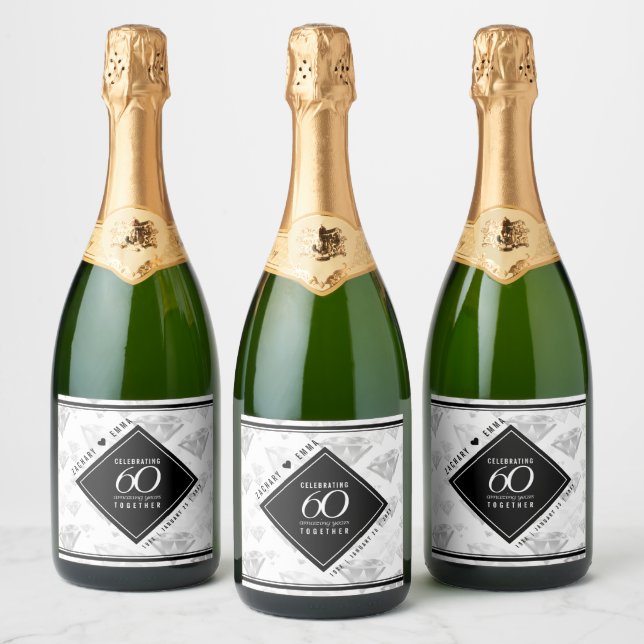 Elegant 60th Diamond Wedding Anniversary Sparkling Wine Label (Bottles)