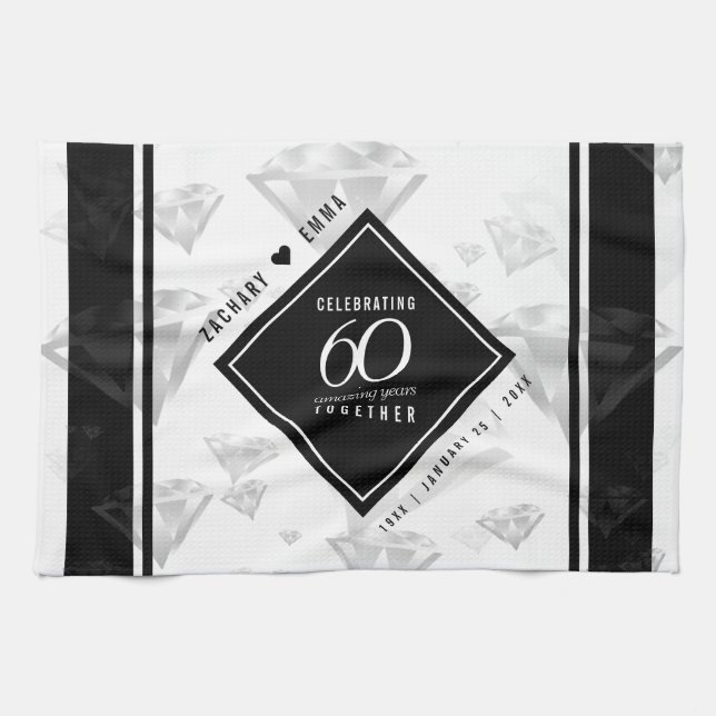 Elegant 60th Diamond Wedding Anniversary Tea Towel (Horizontal)