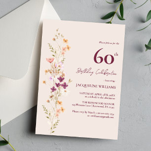 Elegant 60th Floral Wildflower Champagne Birthday Invitation
