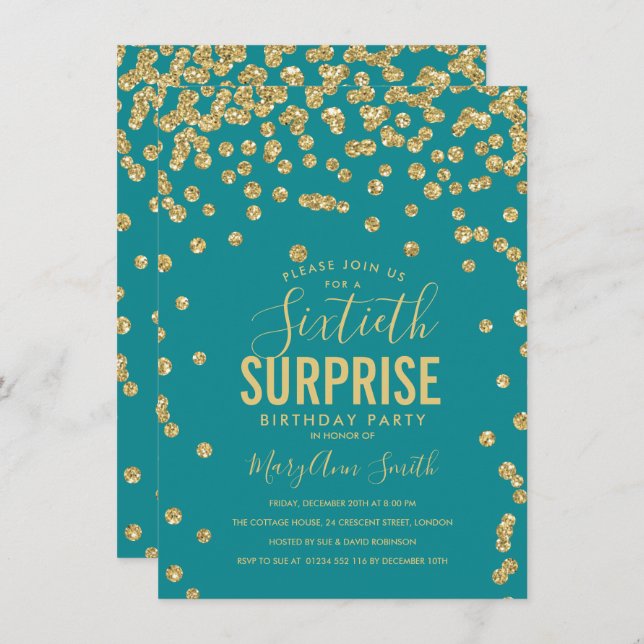 Elegant 60th Surprise Birthday Gold Teal Invitation (Front/Back)