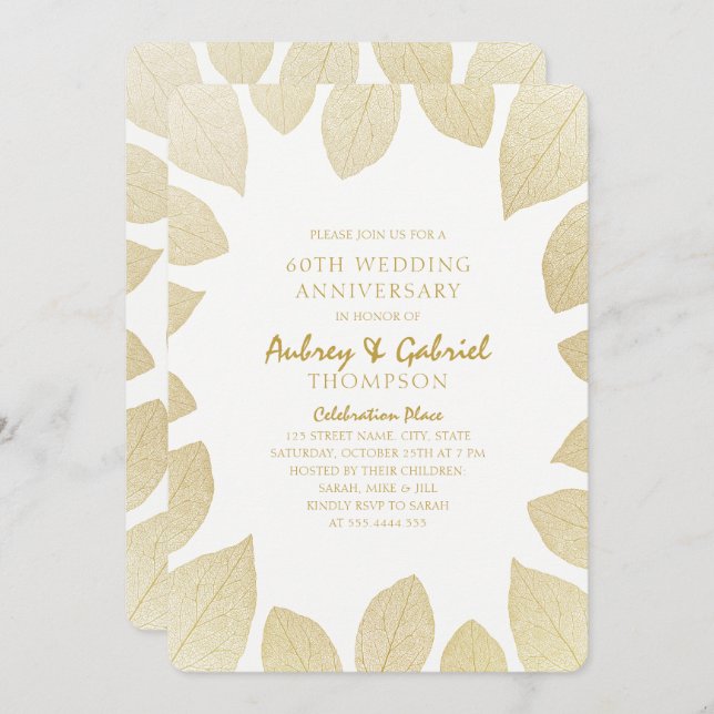 Elegant 60th Wedding Anniversary Golden Leaves Invitation (Front/Back)