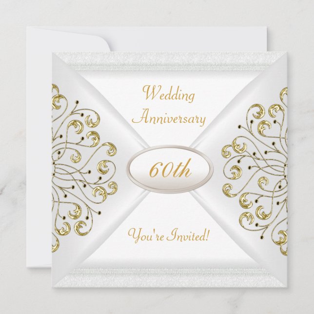 Elegant  60th Wedding Anniversary White Gold Invitation (Front)