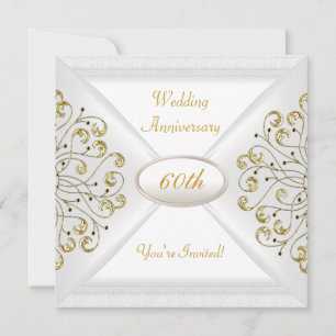 Elegant  60th Wedding Anniversary White Gold Invitation