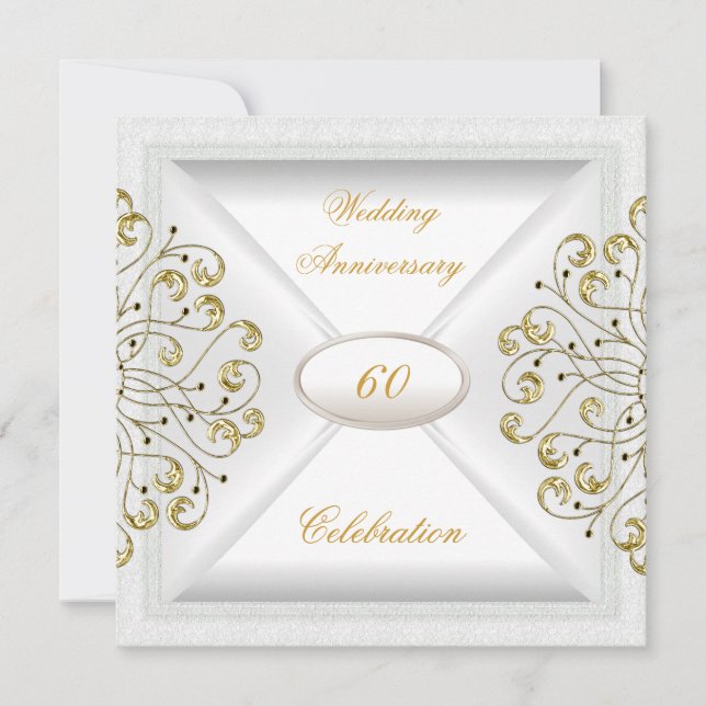 Elegant  60th Wedding Anniversary White Gold Invitation (Front)
