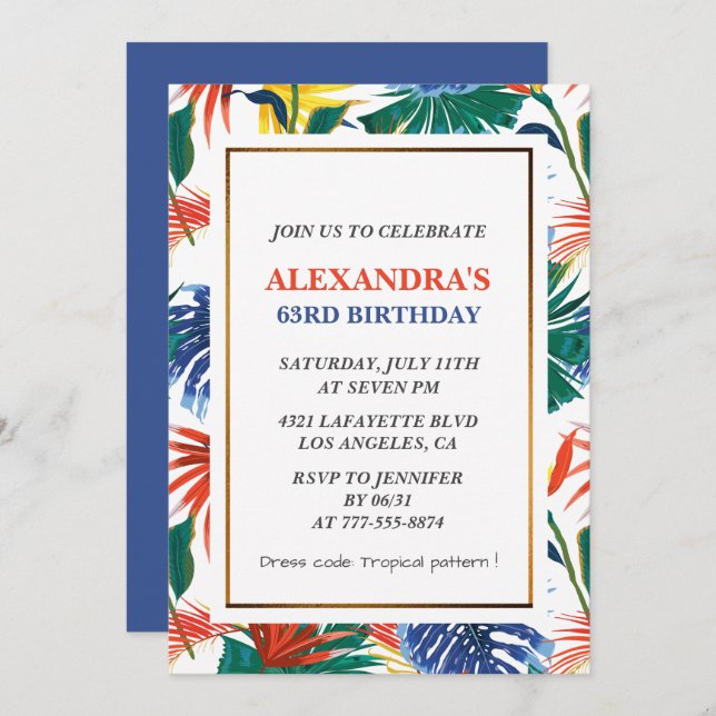Elegant 63rd birthday invitations Tropical Floral (Front/Back)