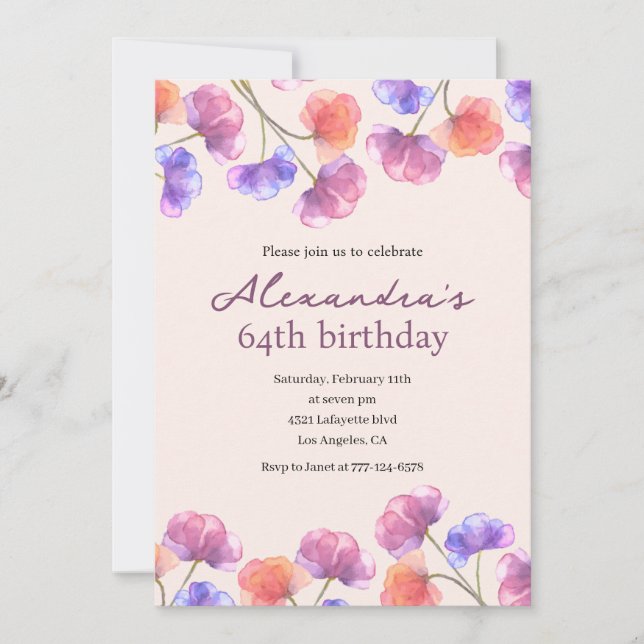 Elegant 64th birthday invitations Boho Floral Chic (Front)