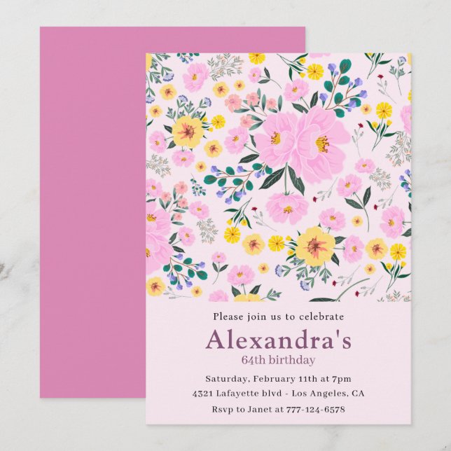 Elegant 64th birthday invitations Pink Floral Chic (Front/Back)