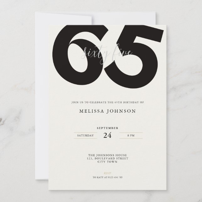 Elegant 65th Birthday Invitation - Minimal Style (Front)