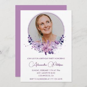 Elegant 65th birthday invitation Photo Boho purple