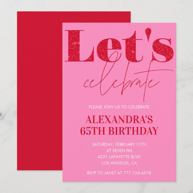 Elegant 65th birthday invitation Pink Glitter Glam (Front/Back)