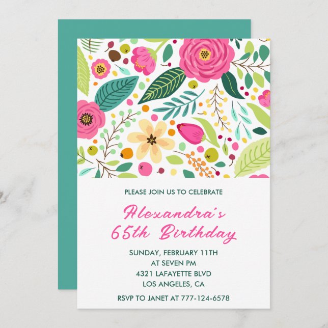 Elegant 65th birthday invitations Floral Colourful (Front/Back)