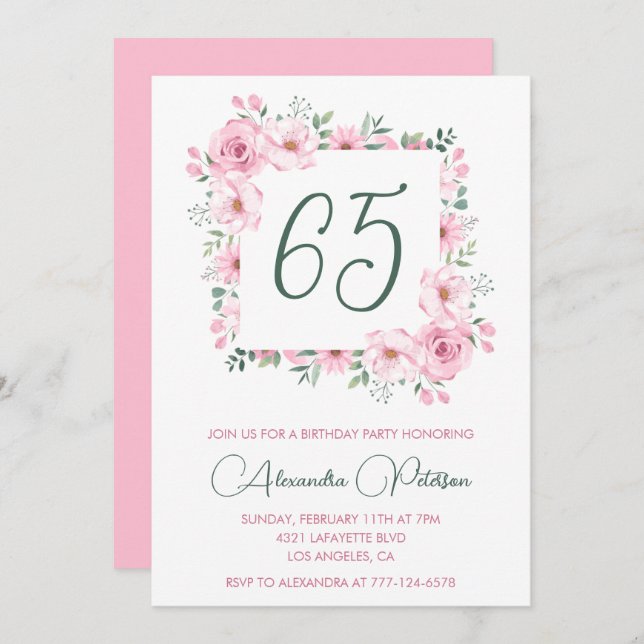 Elegant 65th birthday invitations Floral  Pink (Front/Back)