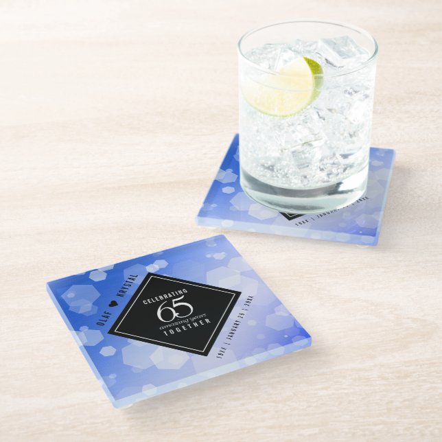 Elegant 65th Blue Sapphire Wedding Anniversary Glass Coaster (Angled)