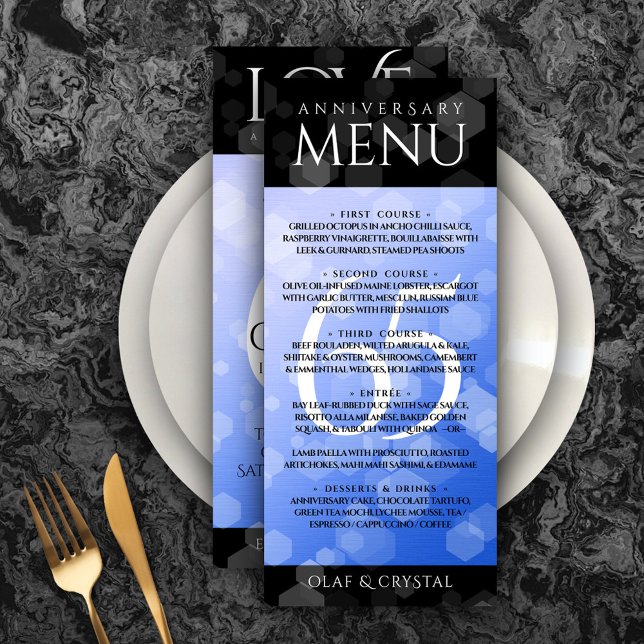 Elegant 65th Blue Sapphire Wedding Anniversary Menu (Elegant 65th Blue Sapphire Wedding Anniversary Menu Rack Card Cover Photo.)