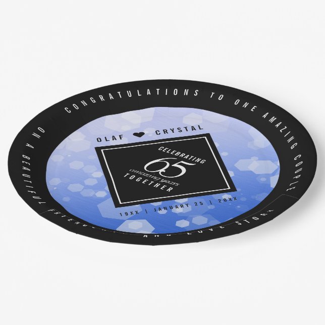 Elegant 65th Blue Sapphire Wedding Anniversary Paper Plate (Angled)
