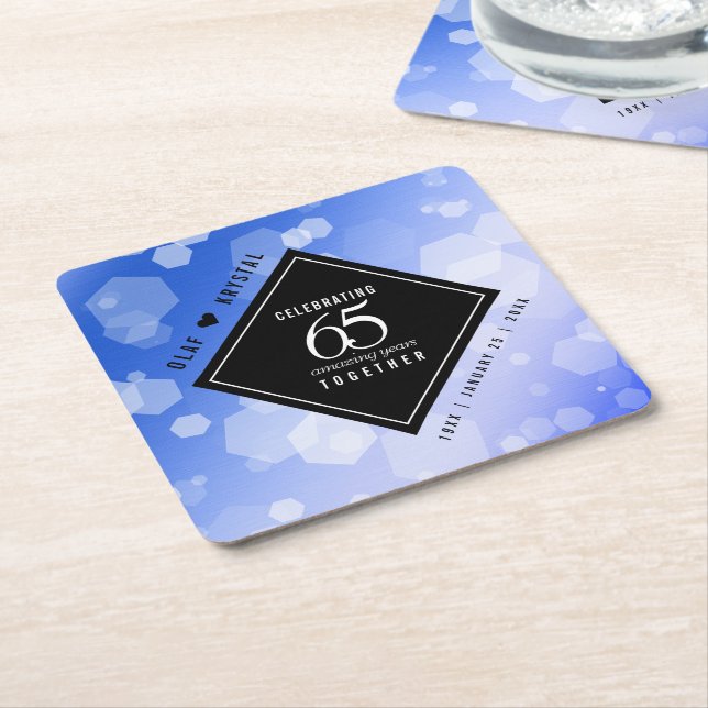 Elegant 65th Blue Sapphire Wedding Anniversary Square Paper Coaster (Angled)