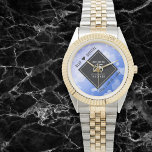 Elegant 65th Blue Sapphire Wedding Anniversary Watch<br><div class="desc">Celebrate the 65th blue sapphire wedding anniversary and a love that stands the test of time with this stylish watch! Elegant black and white lettering with hexagonal confetti on a sapphire blue background add a memorable touch for this special occasion and extraordinary milestone. Personalise with the couple's names and dates...</div>